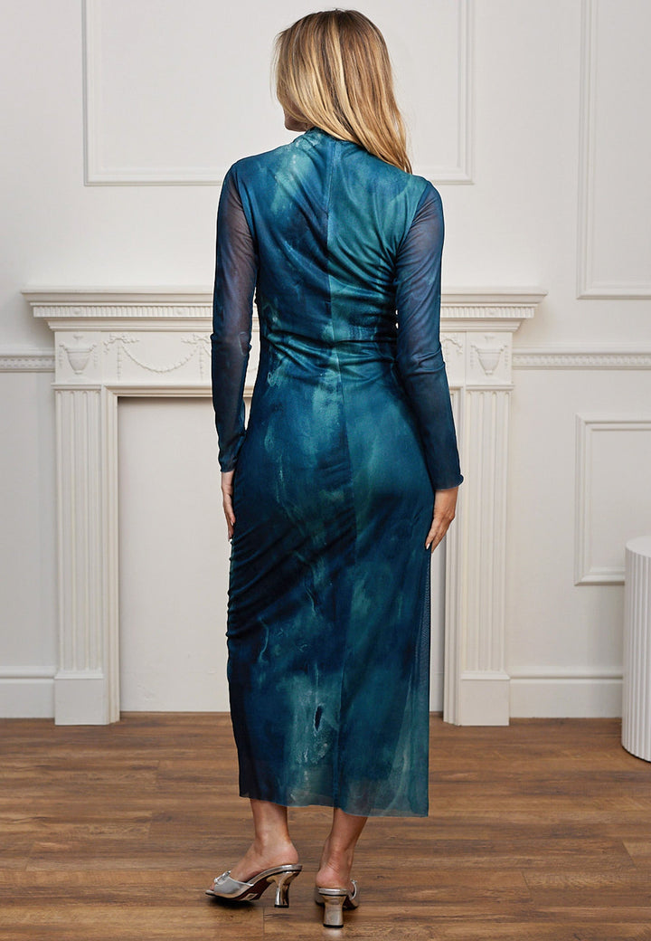 (5P. PACK) Mesh Long Sleeve Bodycon Midi Dress in Teal Watercolour - jqwholesale.com