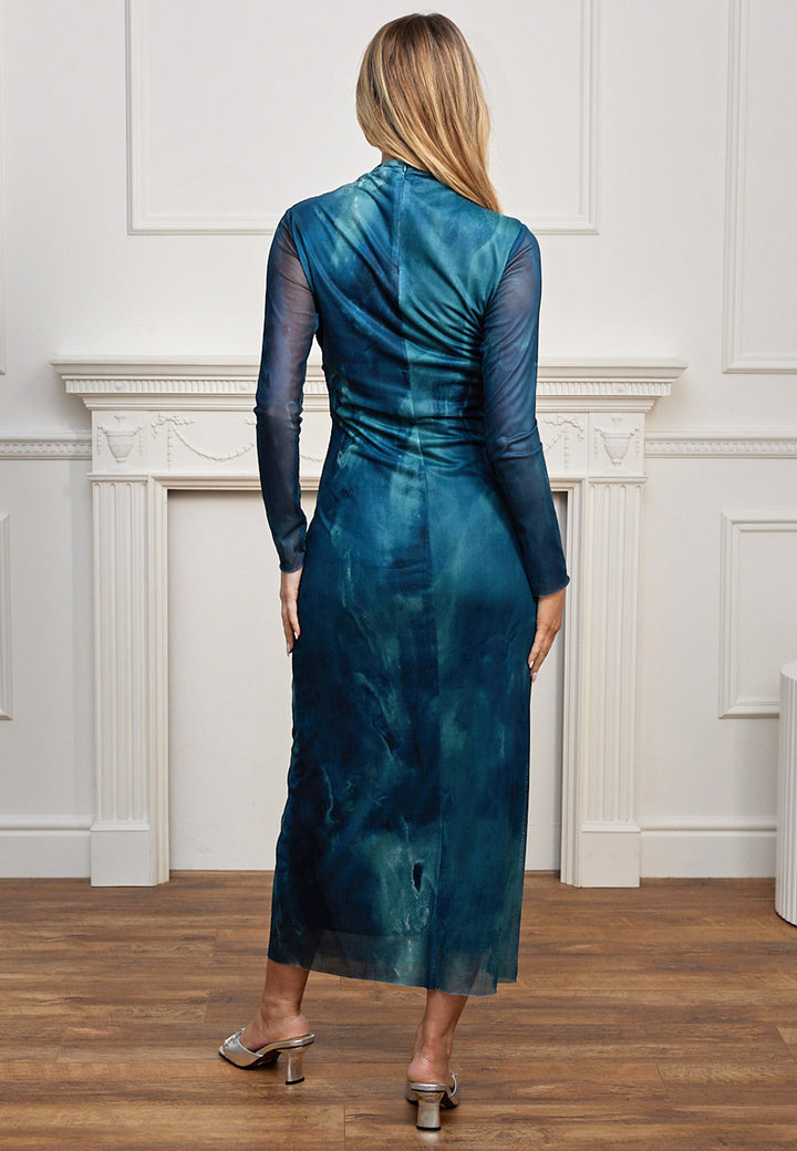 (5P. PACK) Mesh Long Sleeve Bodycon Midi Dress in Teal Watercolour - jqwholesale.com