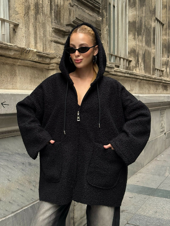 Cozy Zip-Up Teddy Hooded Jacket in Black