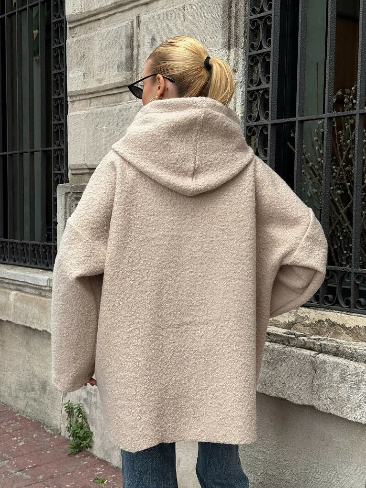 Cozy Zip-Up Teddy Hooded Jacket in Beige