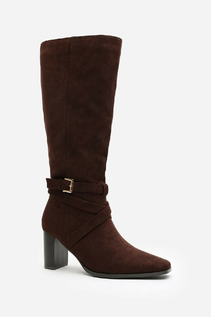 BROWN SUEDE KNEE HIGH BLOCK HEELED BOOT (PACK OF 12 PAIRS UK3-UK8) - jqwholesale.com