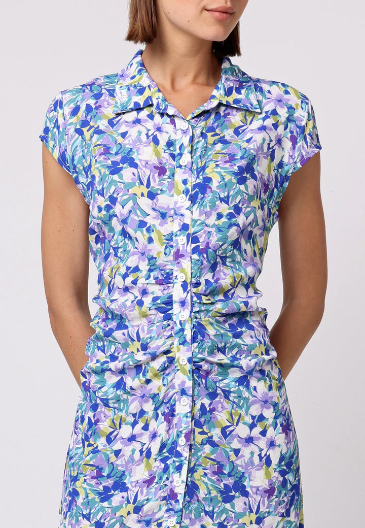 Front Ruched Midi Shirt Dress In Floral Print - jqwholesale.com