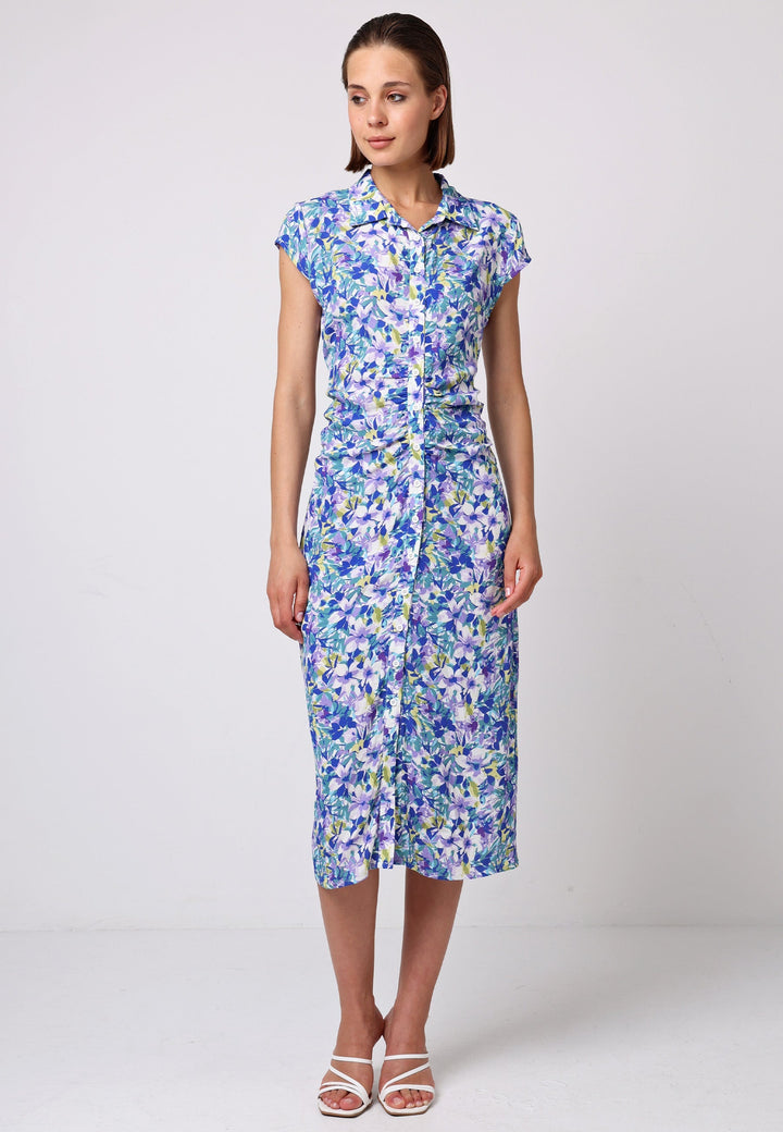 Front Ruched Midi Shirt Dress In Floral Print - jqwholesale.com