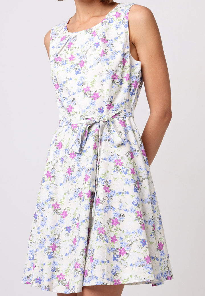 (5P. PACK) Skater Mini Dress with Tie Belt in White Floral - jqwholesale.com