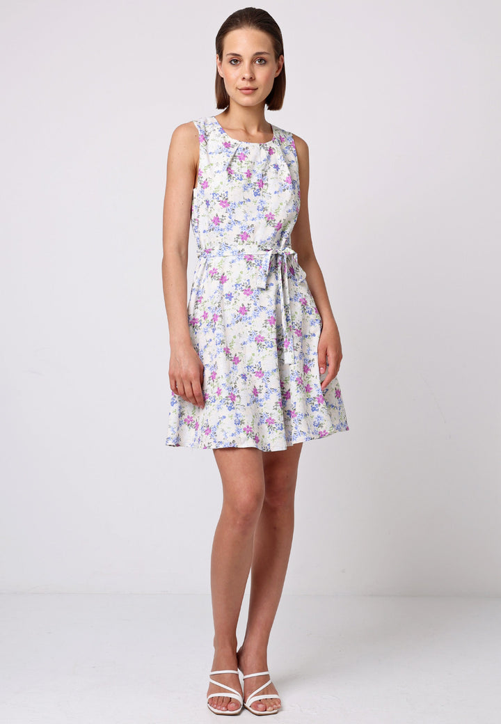 (5P. PACK) Skater Mini Dress with Tie Belt in White Floral - jqwholesale.com