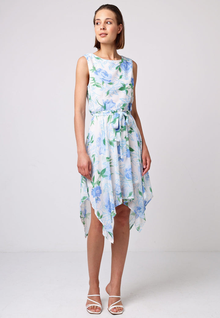 (5P. PACK) Asymmetrical Hem Tie Belt Mini Dress in White Blue Floral - jqwholesale.com