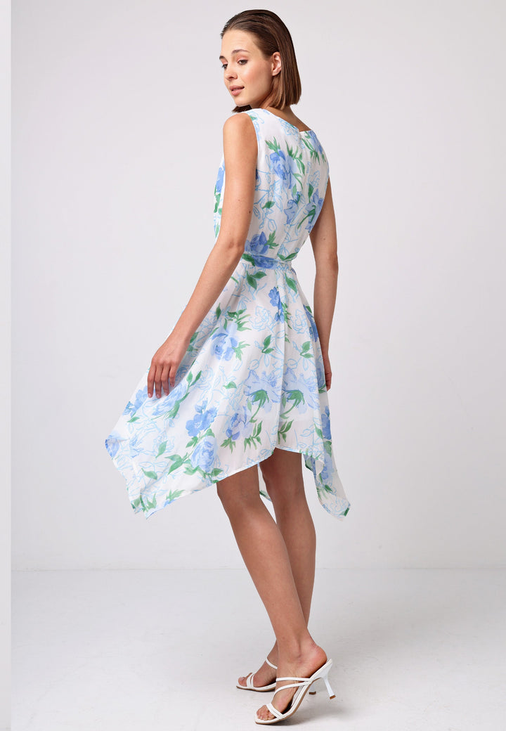 (5P. PACK) Asymmetrical Hem Tie Belt Mini Dress in White Blue Floral - jqwholesale.com