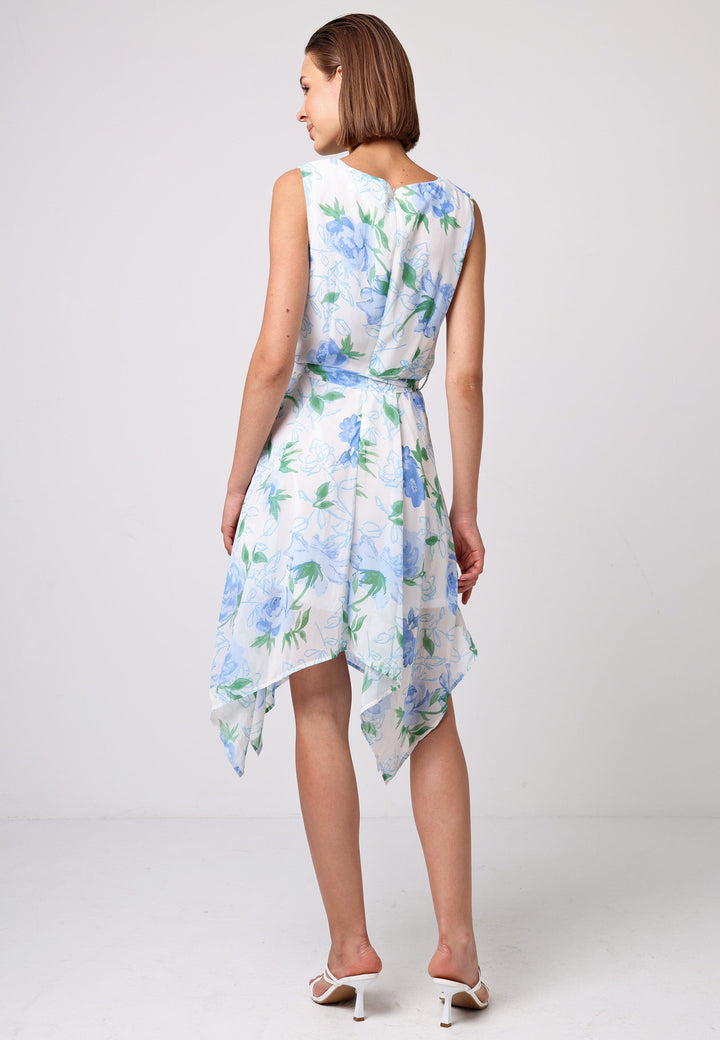 (5P. PACK) Asymmetrical Hem Tie Belt Mini Dress in White Blue Floral - jqwholesale.com