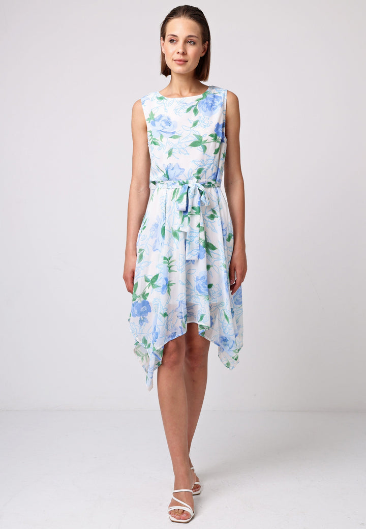 (5P. PACK) Asymmetrical Hem Tie Belt Mini Dress in White Blue Floral - jqwholesale.com