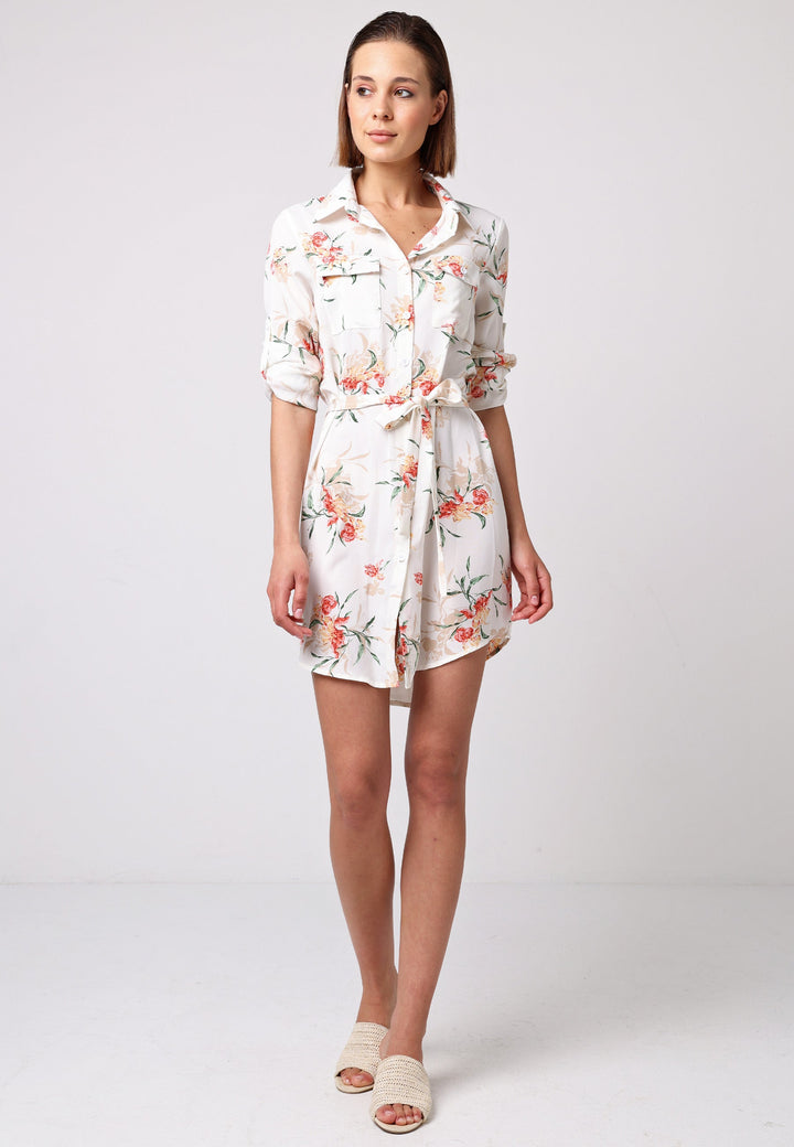 (5P. PACK) Shirt Dress with 3/4 Sleeve and Tie Belt in White Floral - jqwholesale.com