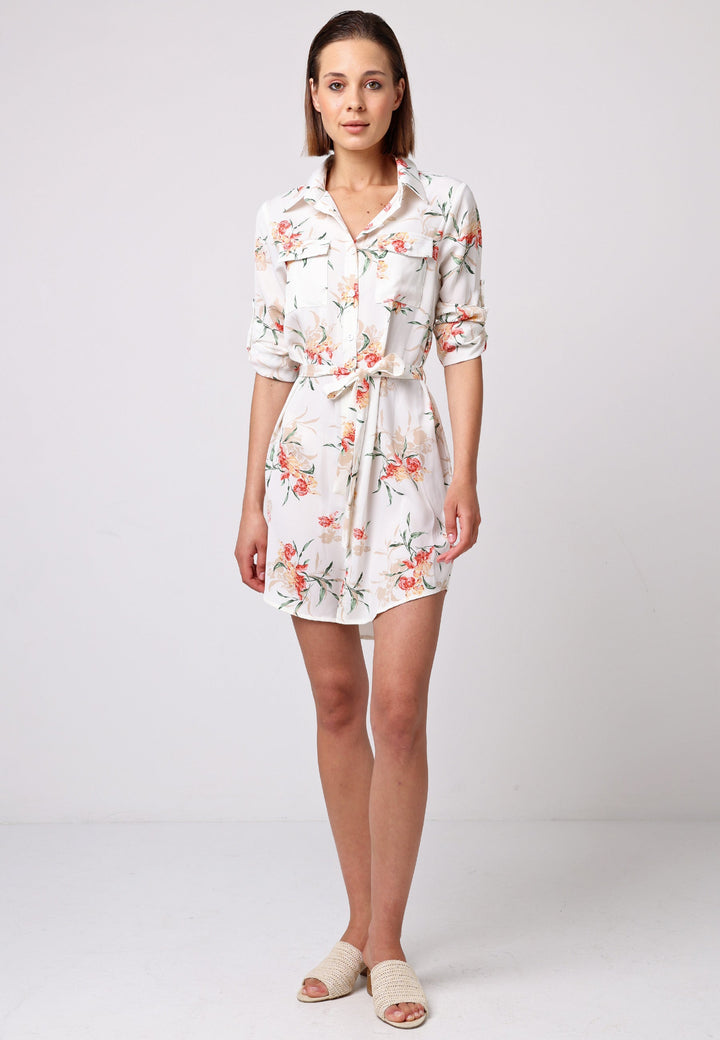 (5P. PACK) Shirt Dress with 3/4 Sleeve and Tie Belt in White Floral - jqwholesale.com