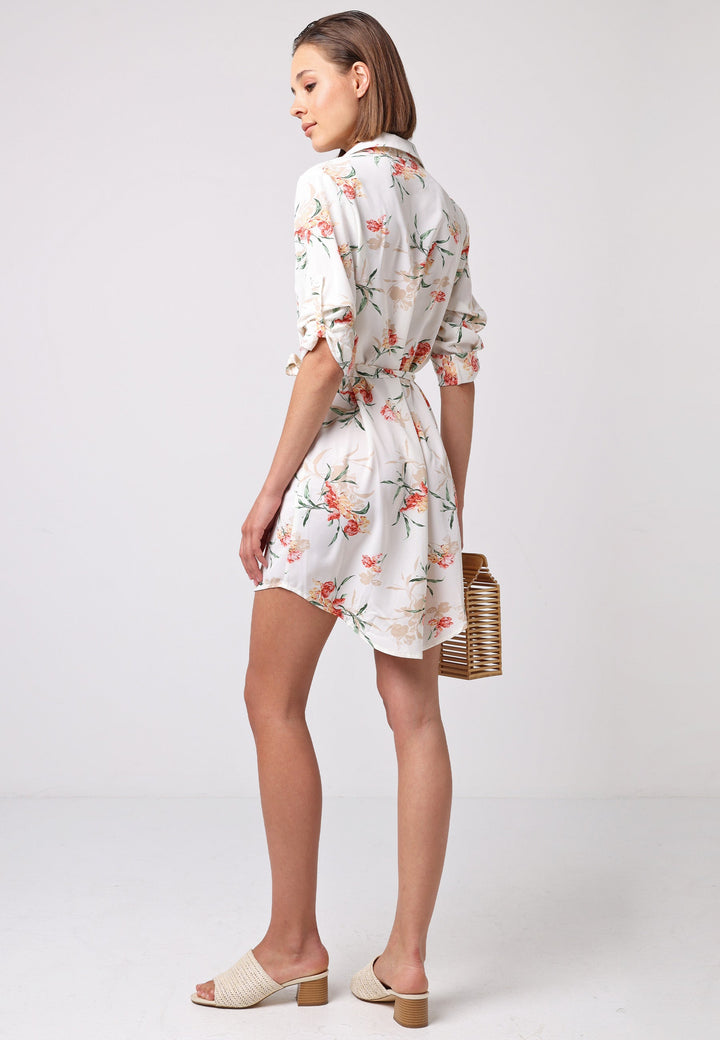 (5P. PACK) Shirt Dress with 3/4 Sleeve and Tie Belt in White Floral - jqwholesale.com