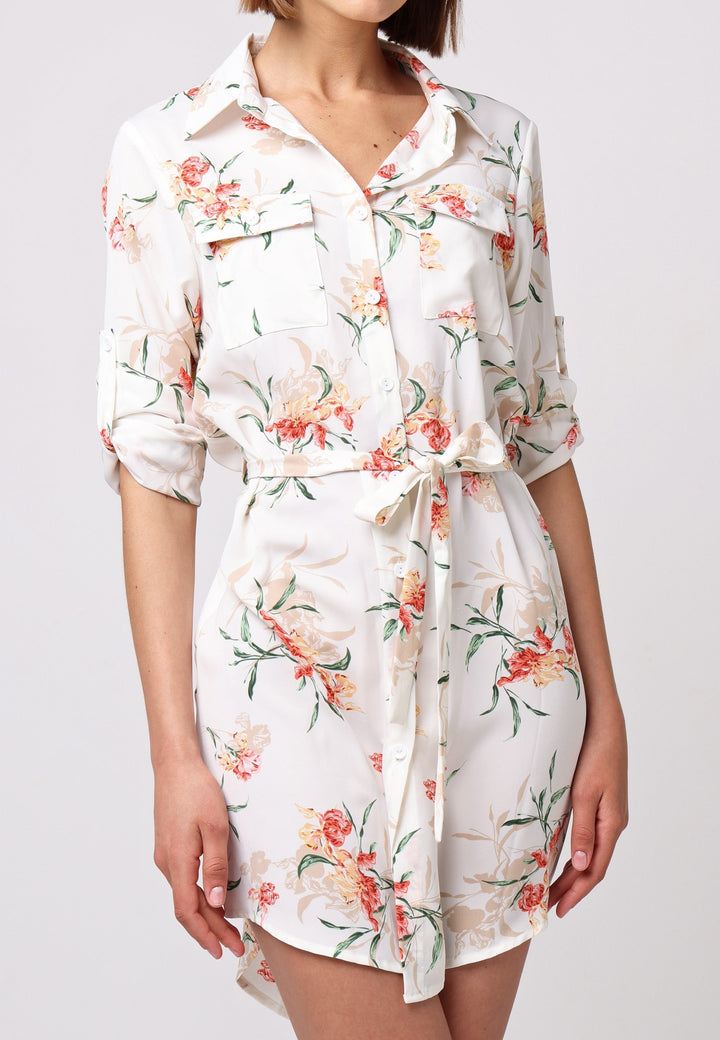 (5P. PACK) Shirt Dress with 3/4 Sleeve and Tie Belt in White Floral - jqwholesale.com