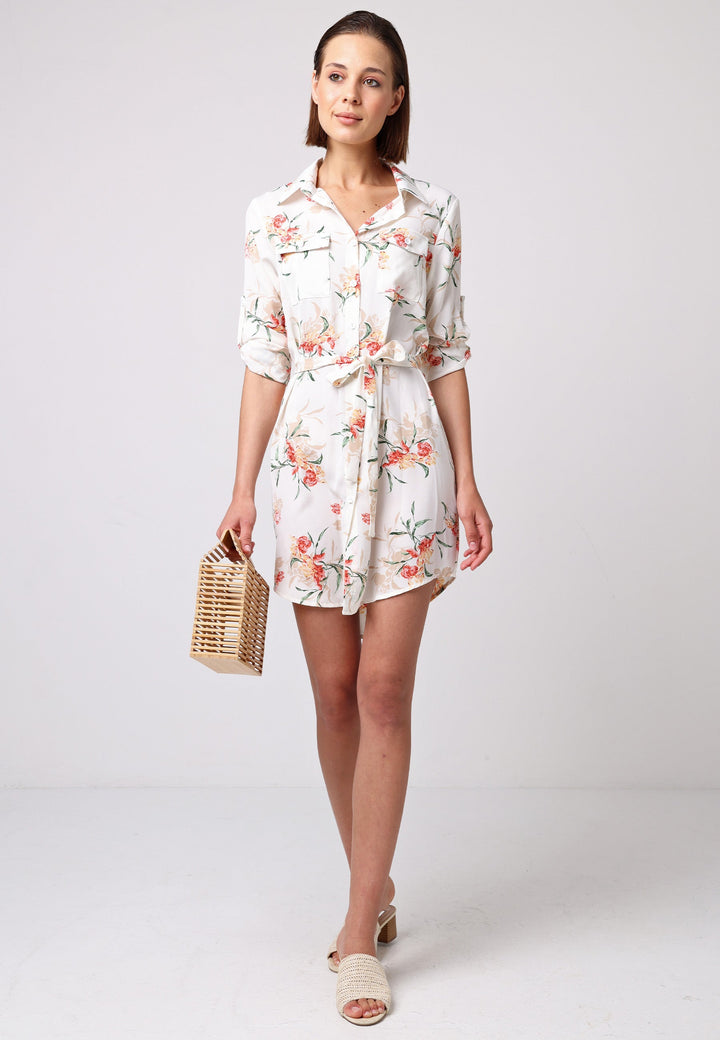 (5P. PACK) Shirt Dress with 3/4 Sleeve and Tie Belt in White Floral - jqwholesale.com