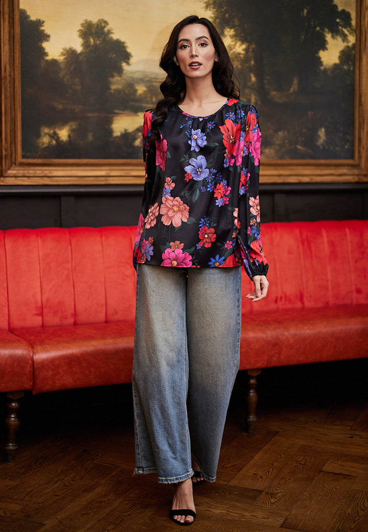 (5P.PACK) Floral satin black blouse - jqwholesale.com
