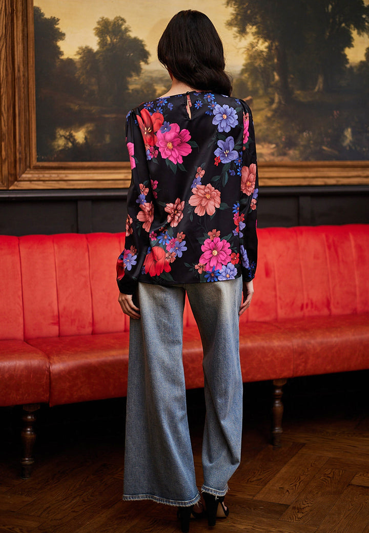 (5P.PACK) Floral satin black blouse - jqwholesale.com
