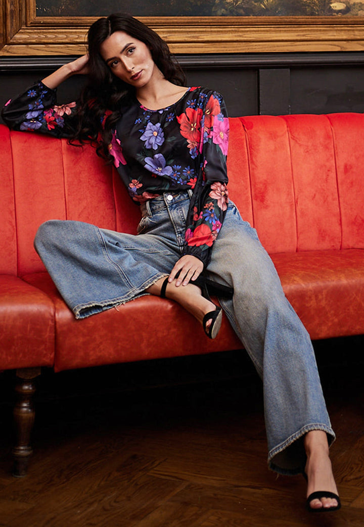 (5P.PACK) Floral satin black blouse - jqwholesale.com