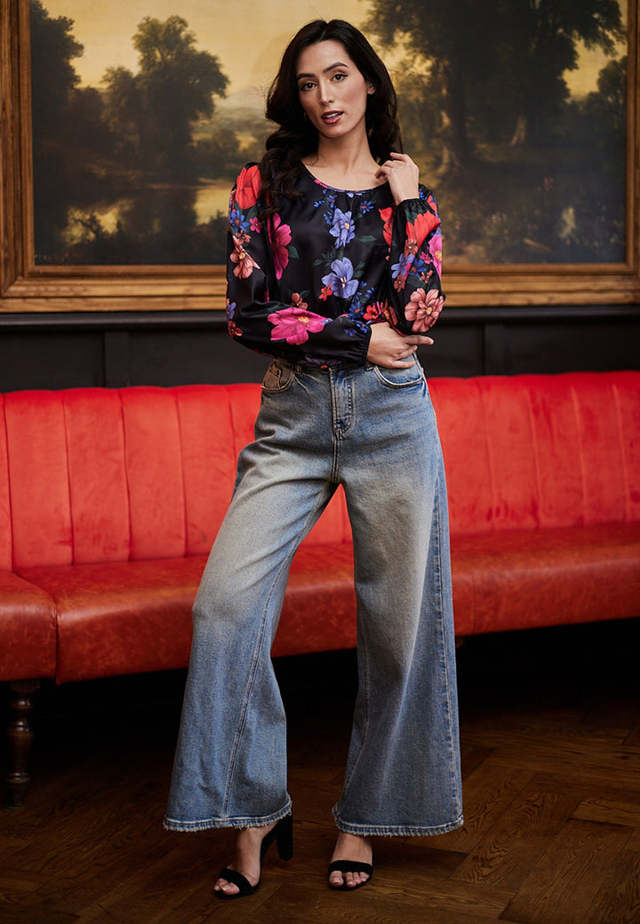 (5P.PACK) Floral satin black blouse - jqwholesale.com