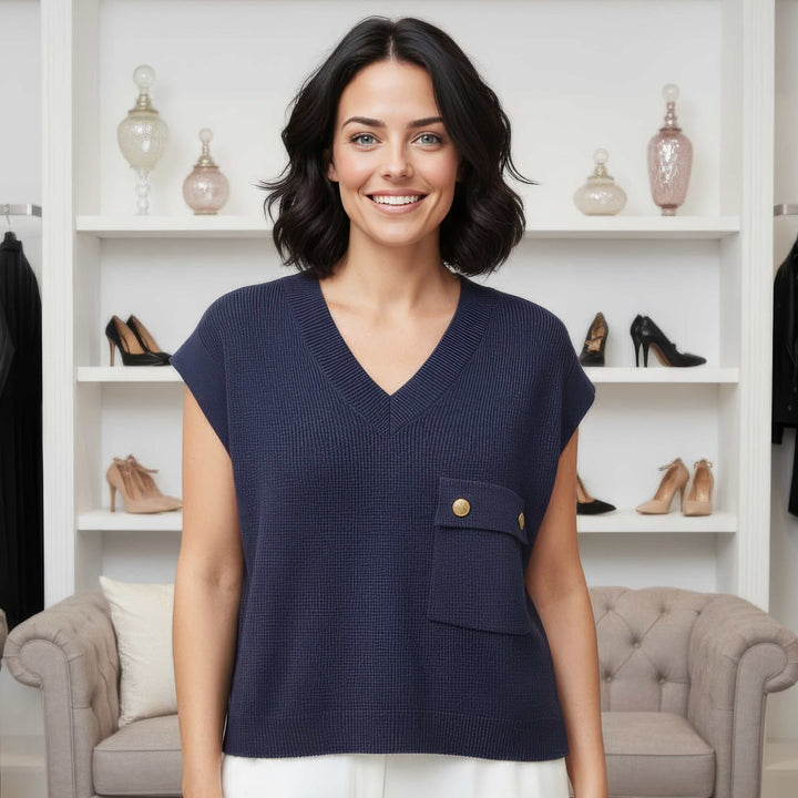 V Ribbed Pocket Sleeveless Knit