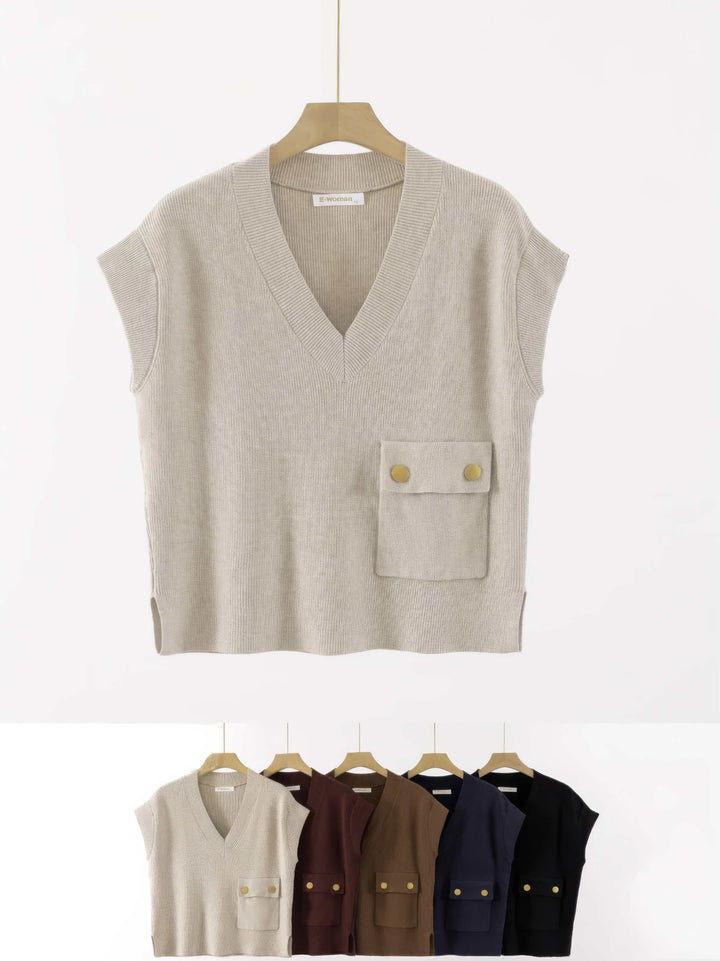 V Ribbed Pocket Sleeveless Knit