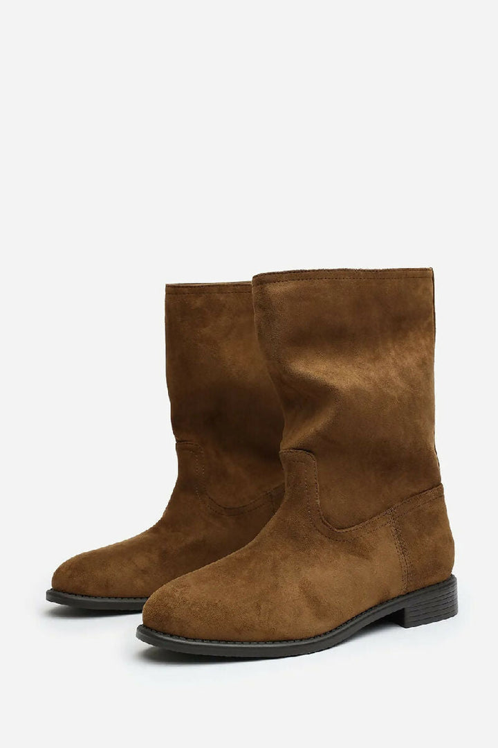 Khaki Suede Designer Calf High Flat Boot (PACK OF 12 PAIRS UK3-UK8) - jqwholesale.com