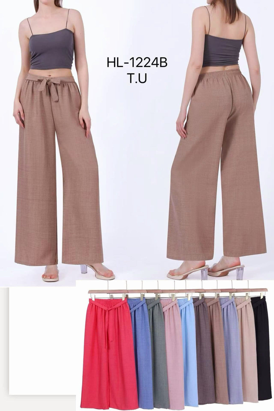 Linen Look Plisse Wide Leg Elasticated Trousers (12P.PACK) - jqwholesale.com