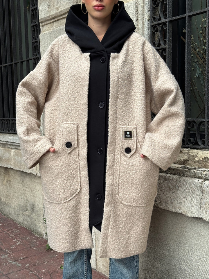 Oversized Hooded Teddy Coat with Pockets in Beige