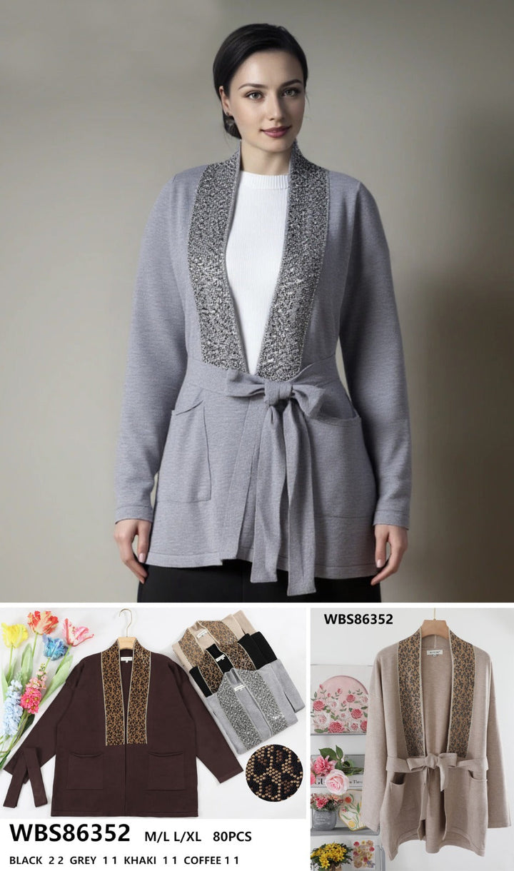 Diamante✨️Leopard Trim Belted Pocket Cardigan (2p.pack)