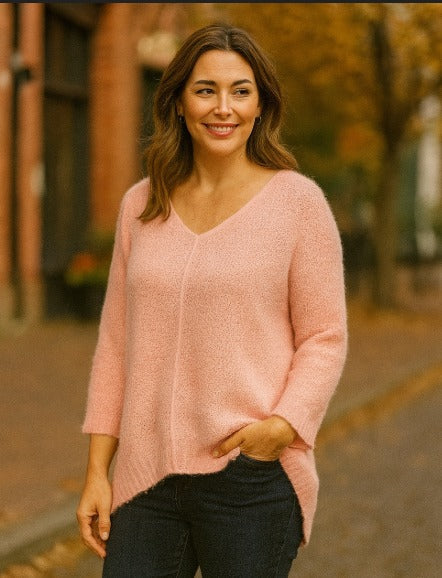 V Neck Soft Touch Boucle Hi Low Knit
