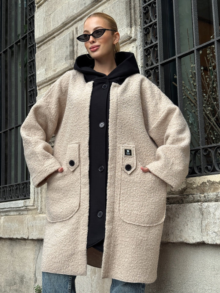 Oversized Hooded Teddy Coat with Pockets in Beige