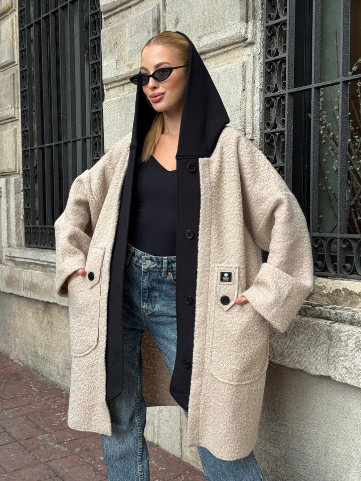 Oversized Hooded Teddy Coat with Pockets in Beige