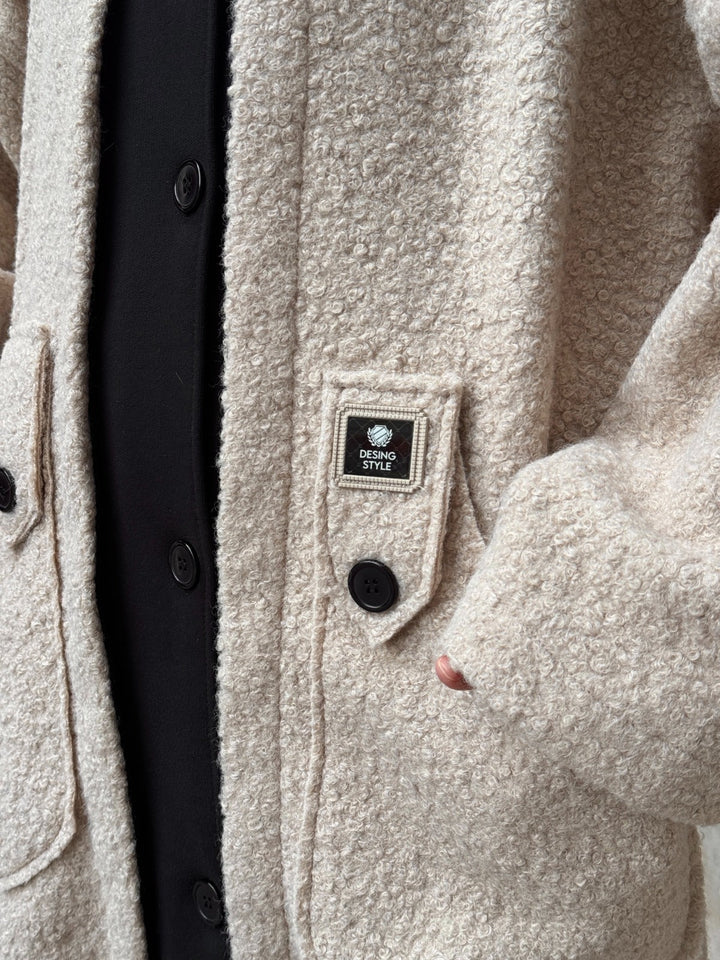 Oversized Hooded Teddy Coat with Pockets in Beige