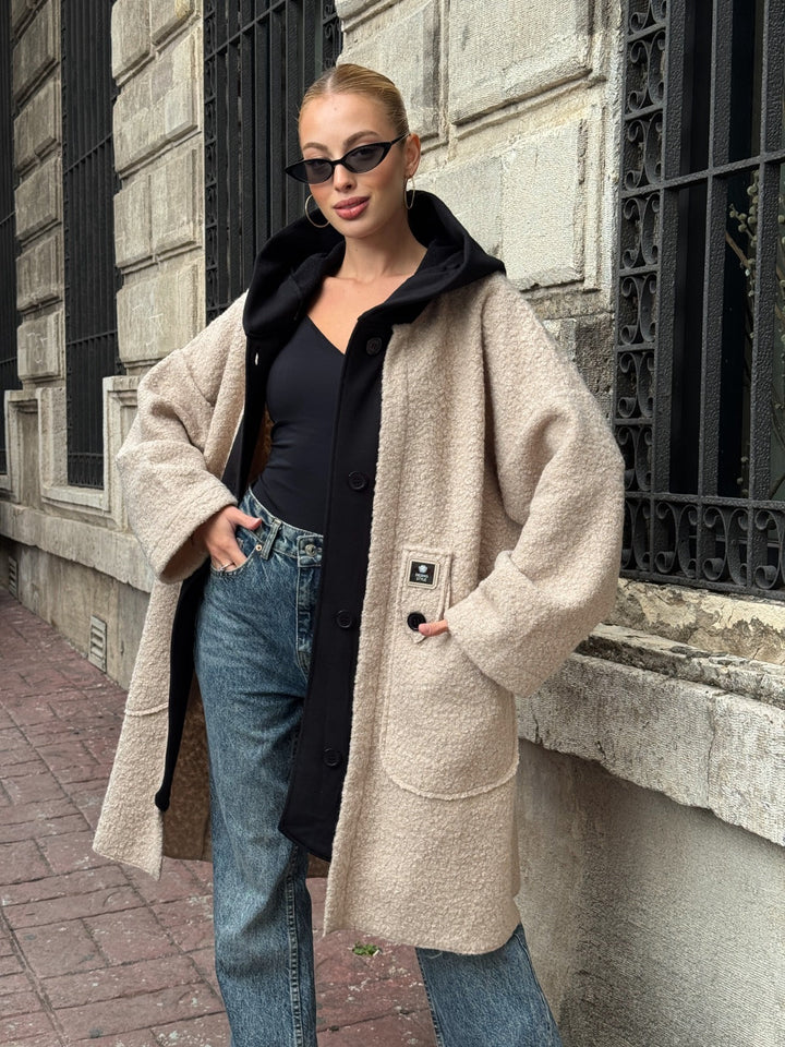 Oversized Hooded Teddy Coat with Pockets in Beige