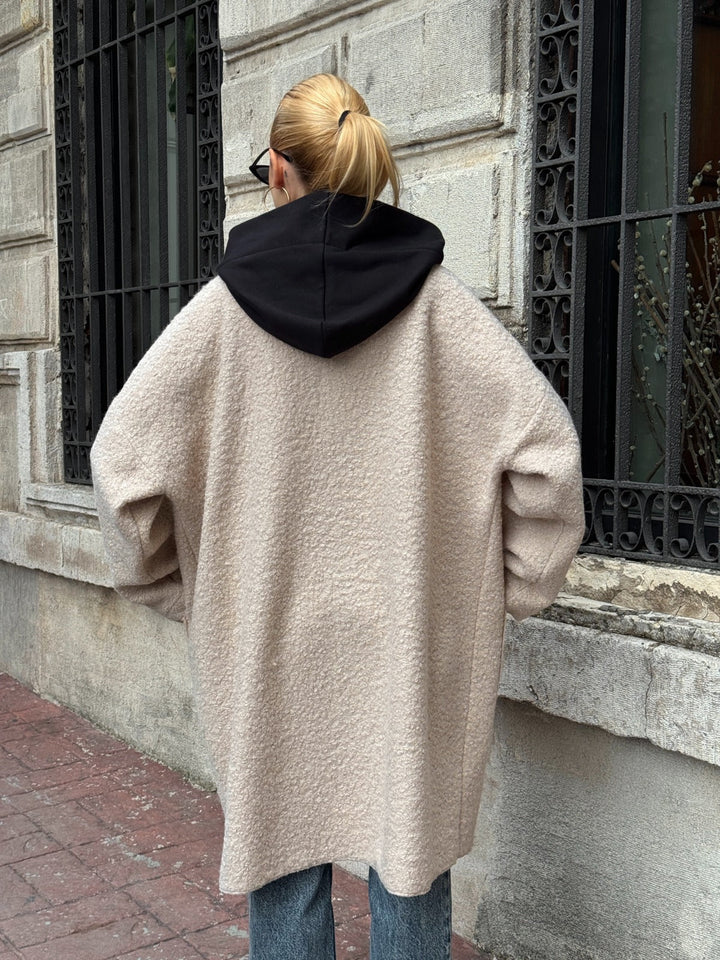 Oversized Hooded Teddy Coat with Pockets in Beige