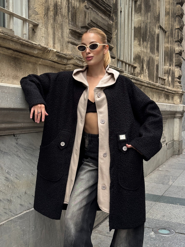 Oversized Hooded Teddy Coat with Pockets in Black