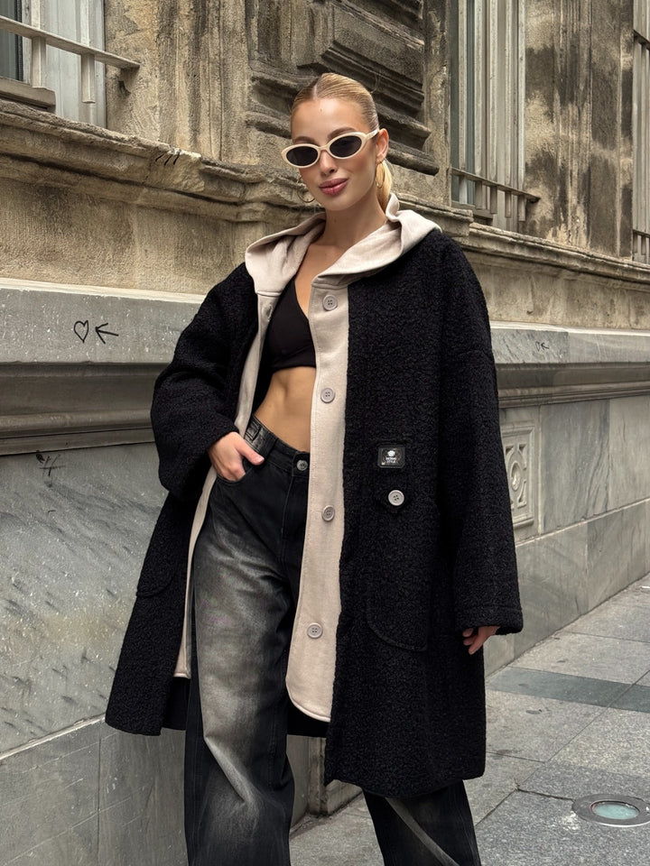 Oversized Hooded Teddy Coat with Pockets in Black