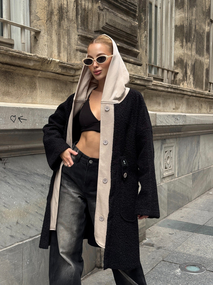 Oversized Hooded Teddy Coat with Pockets in Black