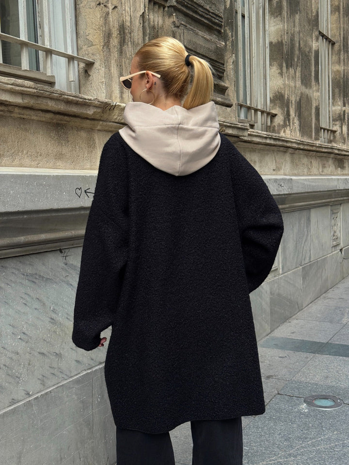 Oversized Hooded Teddy Coat with Pockets in Black