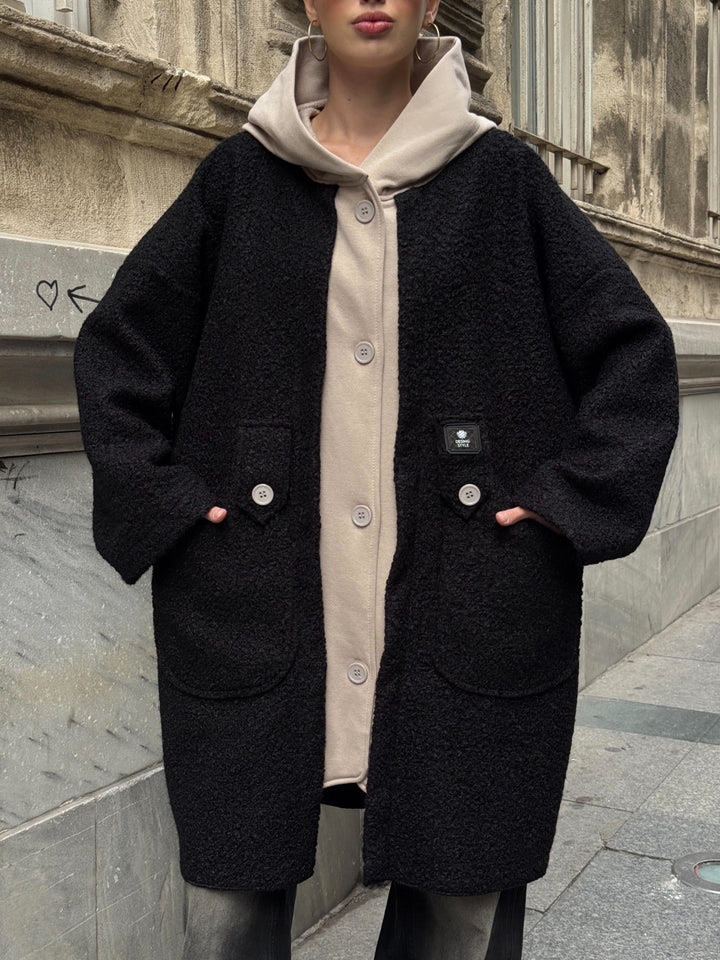 Oversized Hooded Teddy Coat with Pockets in Black