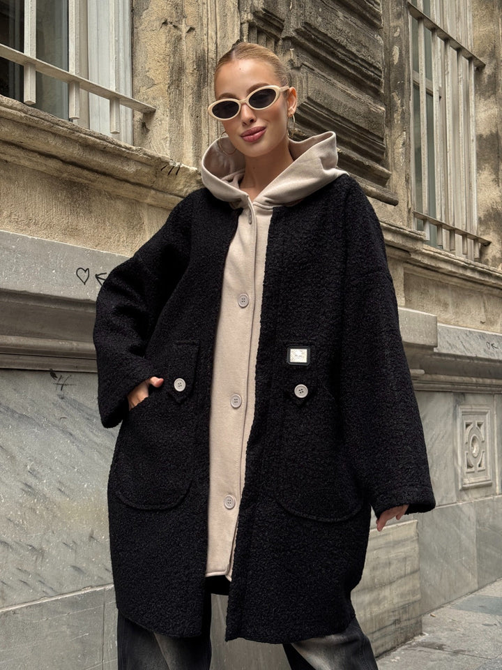 Oversized Hooded Teddy Coat with Pockets in Black