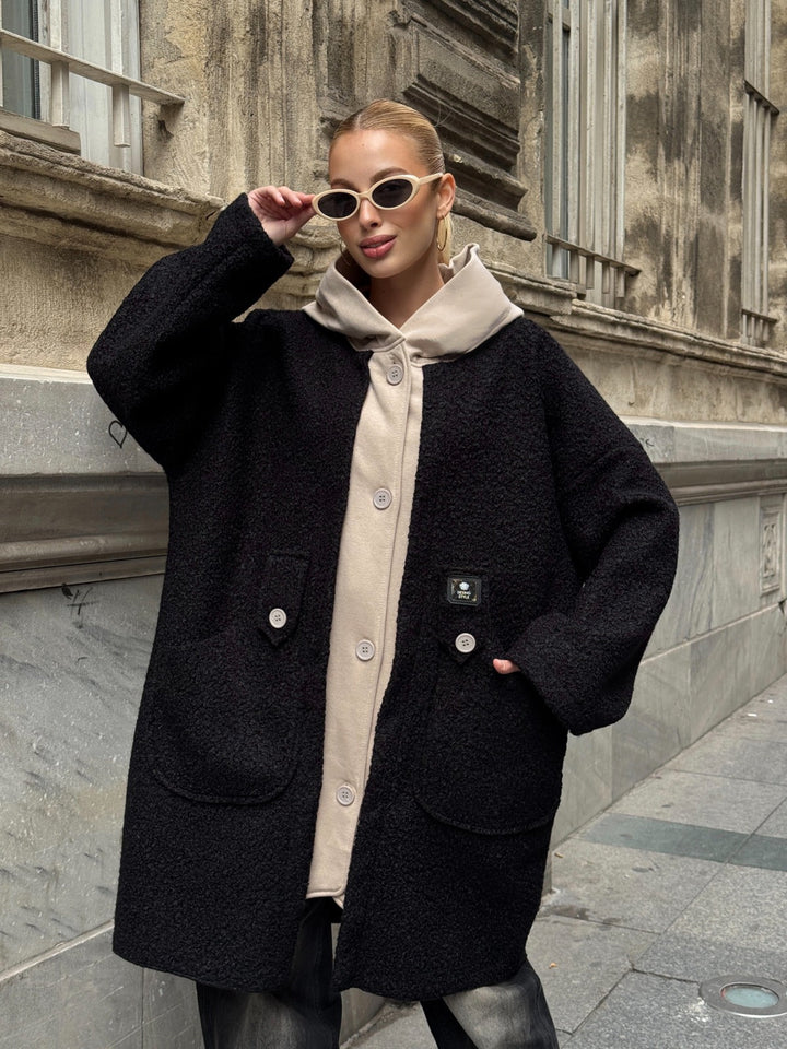 Oversized Hooded Teddy Coat with Pockets in Black