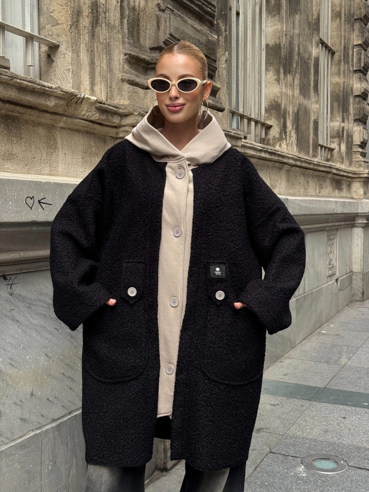 Oversized Hooded Teddy Coat with Pockets in Black