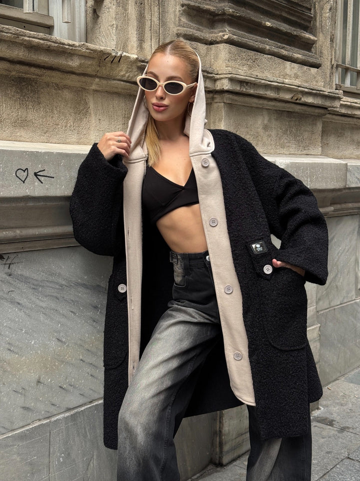 Oversized Hooded Teddy Coat with Pockets in Black