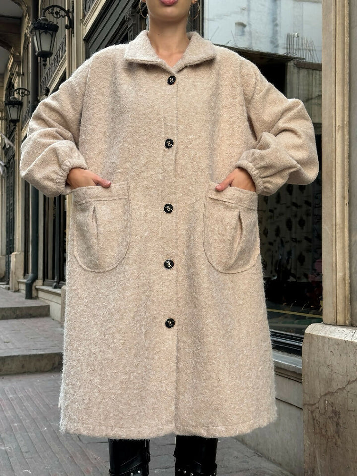Soft Bouclé Button-Front Long Coat in Beige