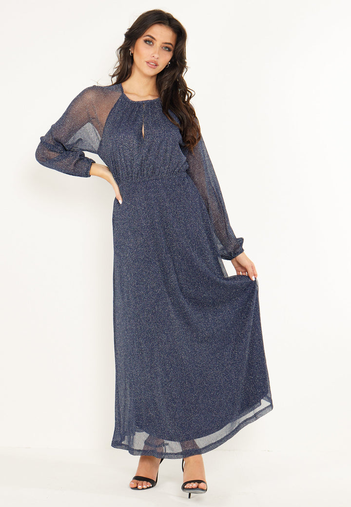 (4P. PACK) Long Sleeve Chiffon Maxi Dress Gold Lurex Flecking in Blue - jqwholesale.com