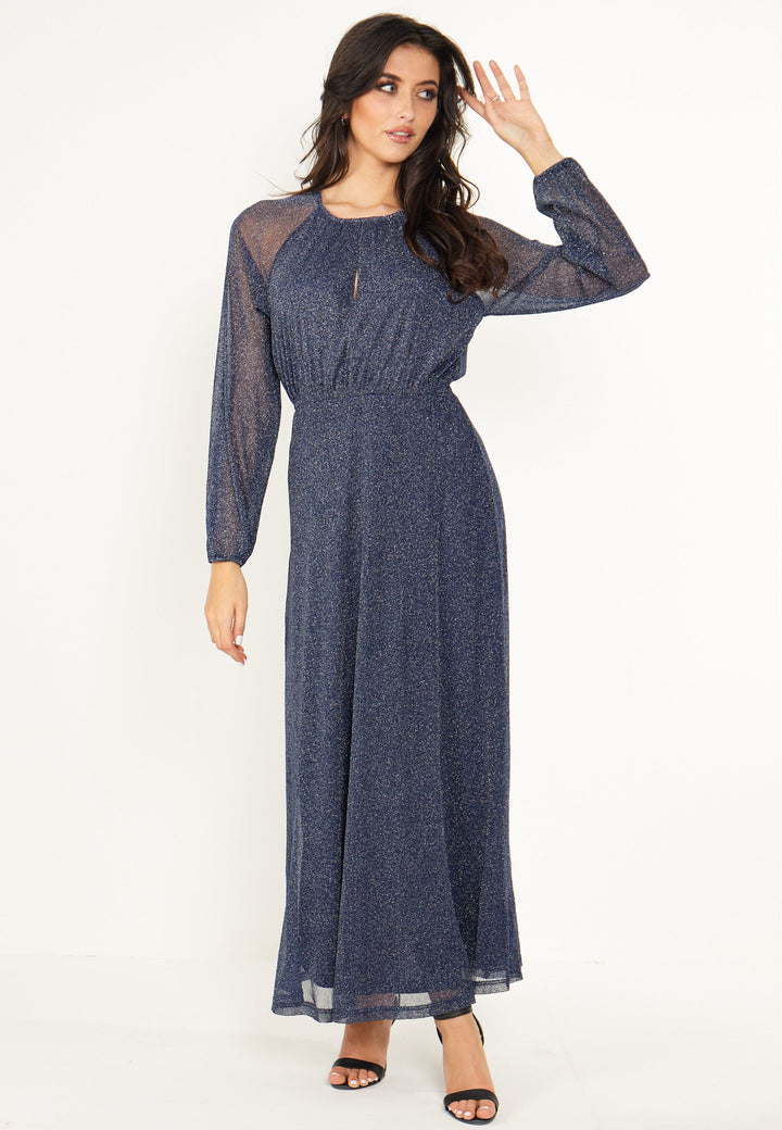 (4P. PACK) Long Sleeve Chiffon Maxi Dress Gold Lurex Flecking in Blue - jqwholesale.com