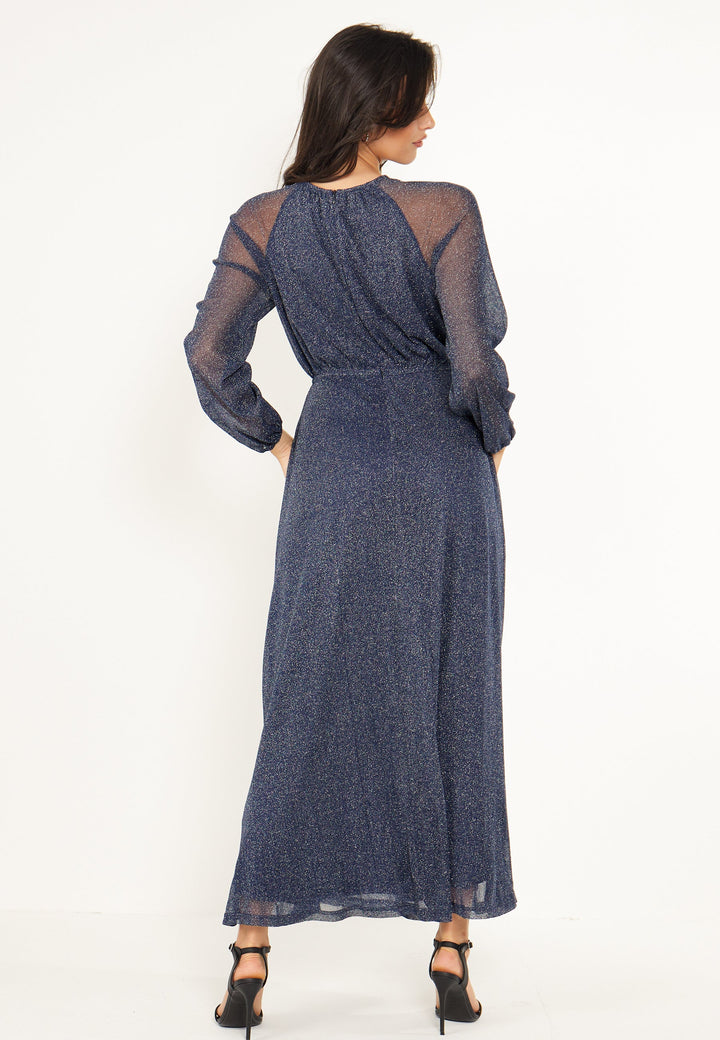 (4P. PACK) Long Sleeve Chiffon Maxi Dress Gold Lurex Flecking in Blue - jqwholesale.com