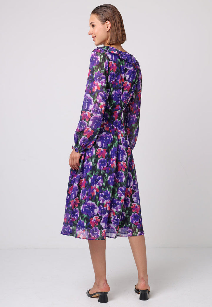 Faux Wrap Ruffle Detail Midi Dress in Purple Floral Print - ANGELEYE