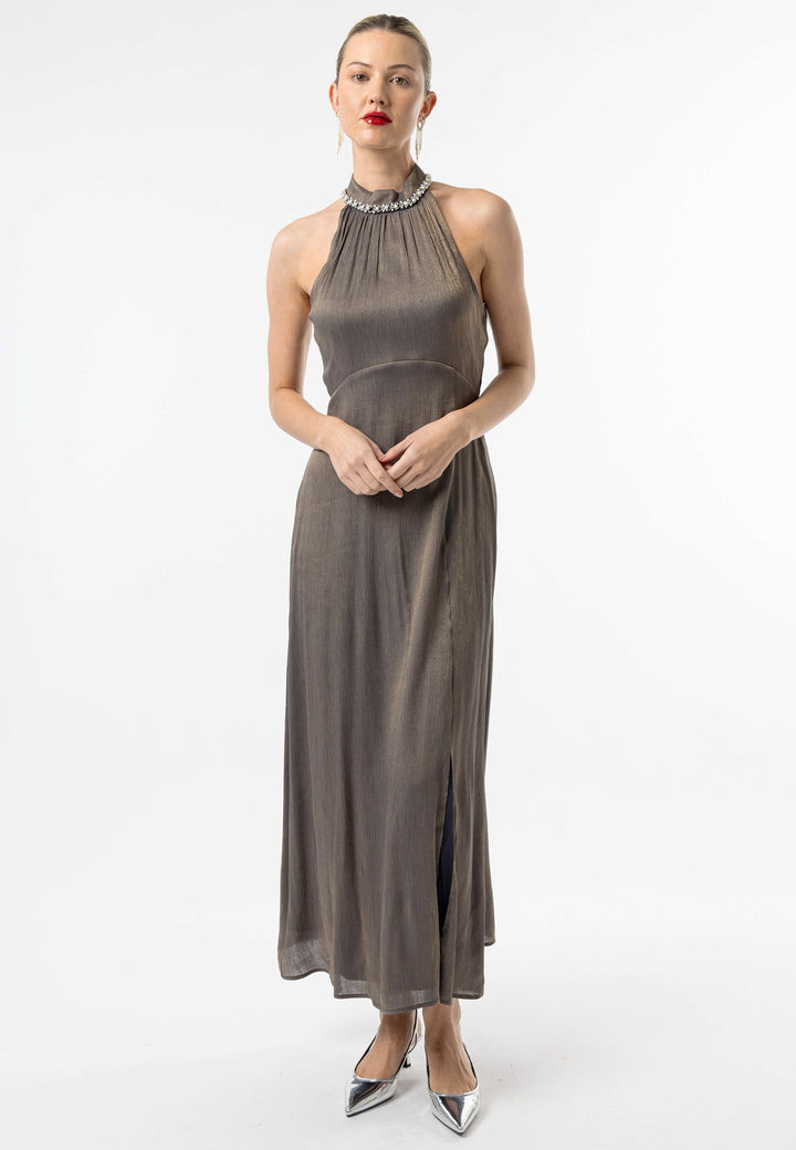 (5P. PACK) Beaded Halterneck Cocktail Dress in Brown - jqwholesale.com