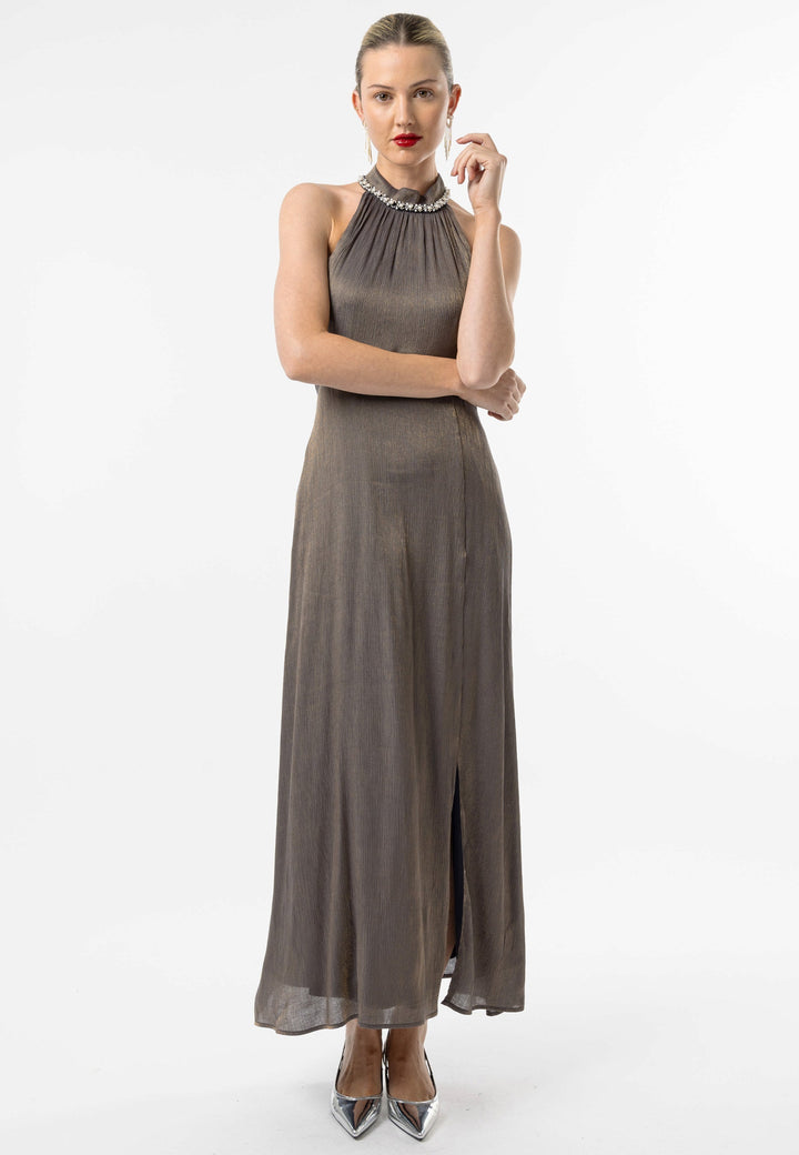 (5P. PACK) Beaded Halterneck Cocktail Dress in Brown - jqwholesale.com